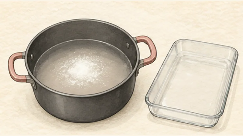 쩨 바 마우 — 삼색 얼음 디저트 1단계 '한천 불리기'를 보여 주는 조리 삽화.
