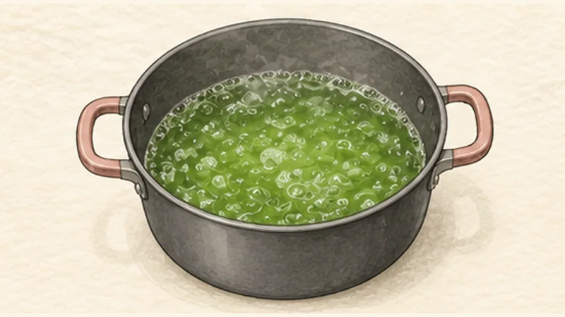 쩨 바 마우 — 삼색 얼음 디저트 2단계 '젤리 녹여 맛내기'를 보여 주는 조리 삽화.
