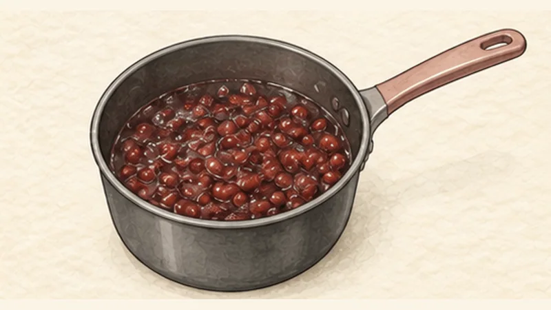 쩨 바 마우 — 삼색 얼음 디저트 4단계 '팥 달게 조리기'를 보여 주는 조리 삽화.