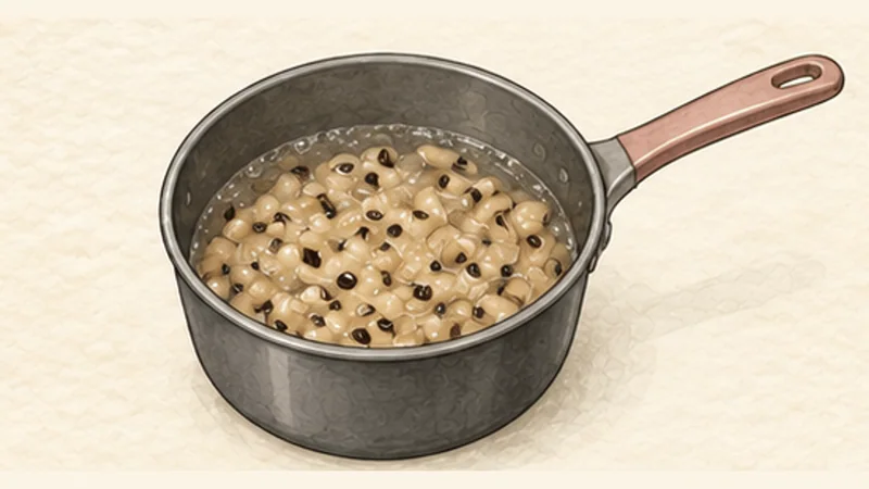 쩨 바 마우 — 삼색 얼음 디저트 5단계 '동부콩 달게 조리기'를 보여 주는 조리 삽화.