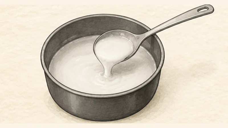 쩨 바 마우 — 삼색 얼음 디저트 6단계 '코코넛소스 만들기'를 보여 주는 조리 삽화.