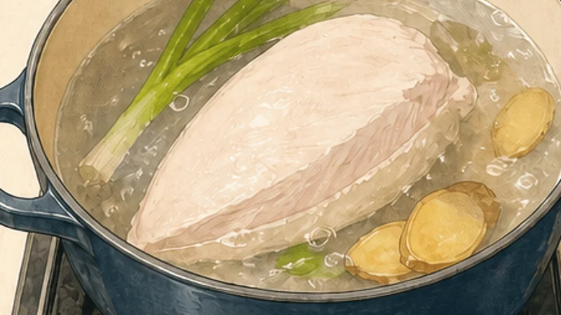 ภาพวาดการปรุงข้าวหน้าไก่งวงเจียอี้ ขั้นตอนที่ 1: ต้มไก่งวงไฟอ่อน