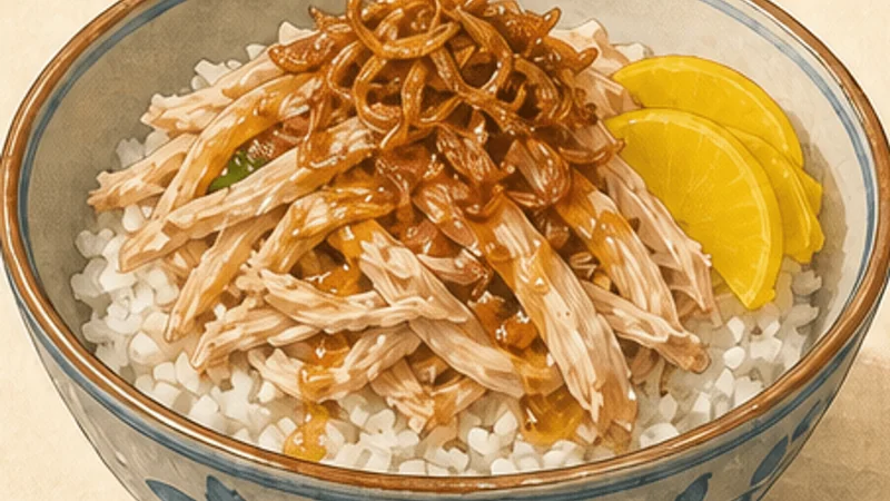 ภาพวาดการปรุงข้าวหน้าไก่งวงเจียอี้ ขั้นตอนที่ 6: จัดชามเป็นชั้น