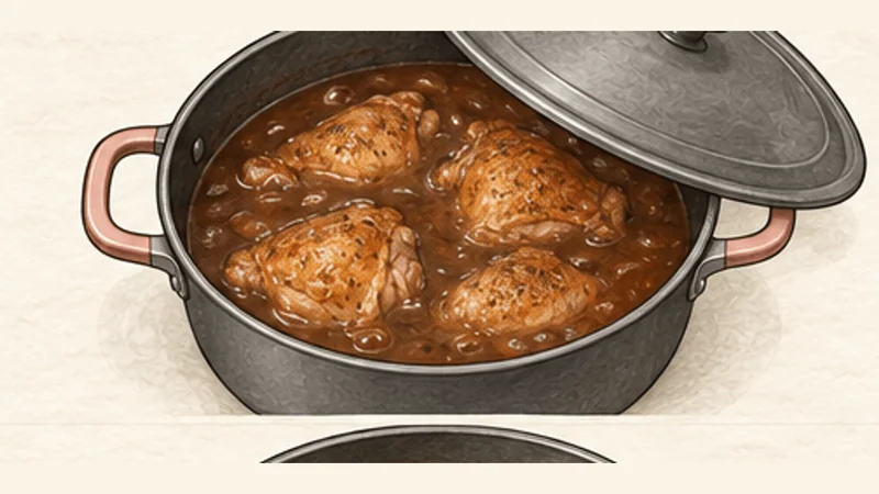 ภาพวาดการปรุงกัมโบไก่และไส้กรอก ขั้นตอนที่ 8: เคี่ยวไก่