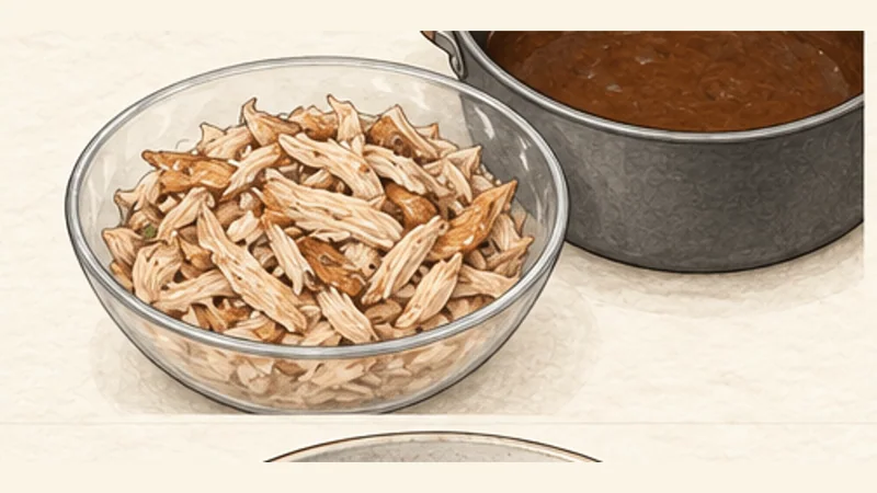ภาพวาดการปรุงกัมโบไก่และไส้กรอก ขั้นตอนที่ 9: ฉีกไก่