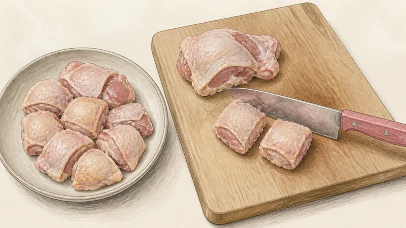 鶏の唐揚げの手順1「鶏肉を切り分ける」を示す調理イラスト。