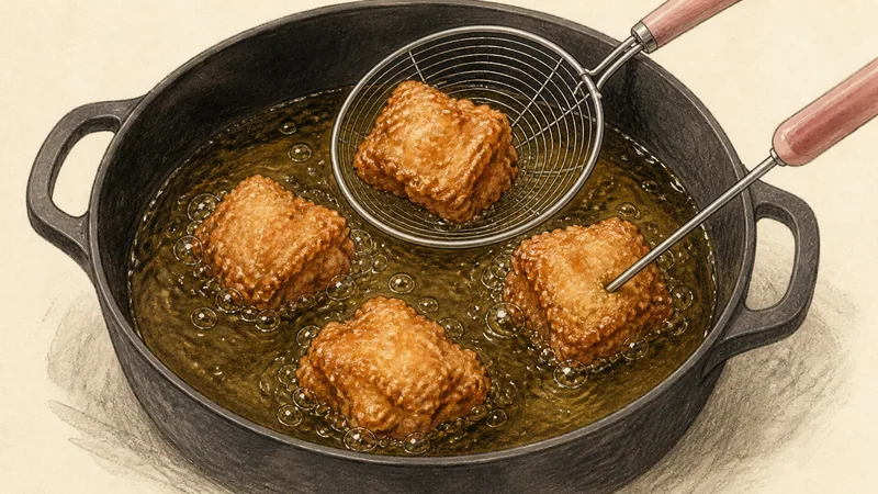 鶏の唐揚げの手順6「74℃まで二度揚げする」を示す調理イラスト。