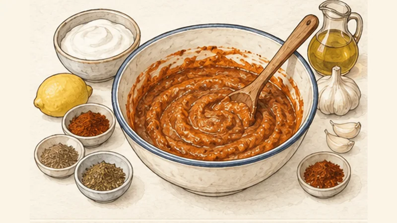 ภาพวาดการปรุงแรปไก่ชาวาร์มา ขั้นตอนที่ 1: ผสมน้ำหมักชาวาร์มา