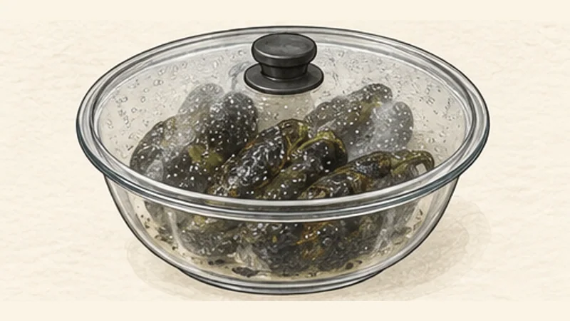 Chiles Rellenos, step 2: Steam the chiles.