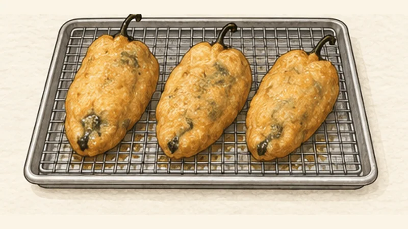 Chiles Rellenos, step 11: Drain briefly.