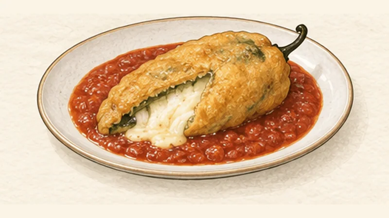 Chiles Rellenos, step 12: Serve over warm salsa.