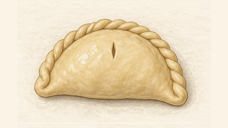 코니시 패스티 6단계 '접어 옆면 크림핑'를 보여 주는 조리 삽화.