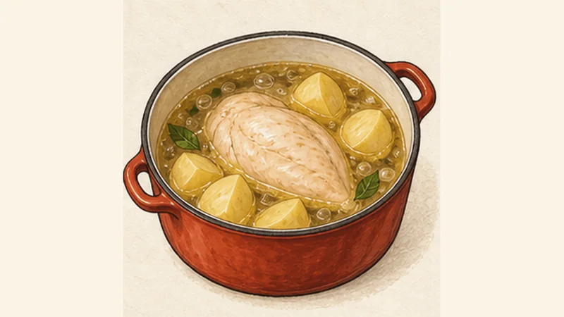 ภาพวาดการปรุงโคชินญาไก่ ขั้นตอนที่ 1: ต้มไก่และมันฝรั่ง