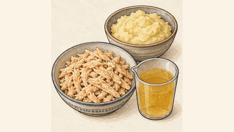 ภาพวาดการปรุงโคชินญาไก่ ขั้นตอนที่ 2: เก็บน้ำซุปและฉีกไก่
