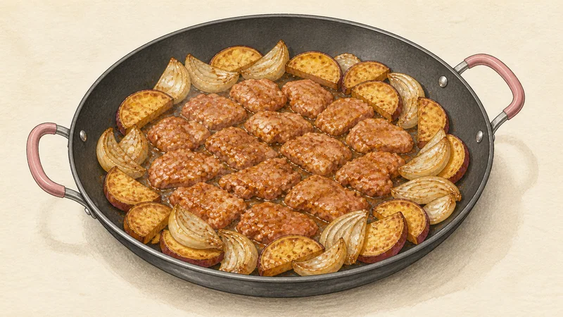タッカルビの手順5「鶏肉を一層に入れる」を示す調理イラスト。