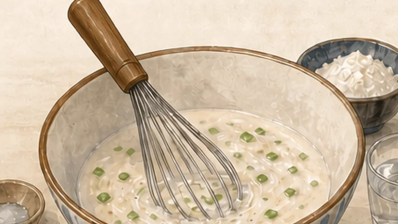 ภาพวาดการปรุงเครปไข่ไต้หวัน ขั้นตอนที่ 1: ผสมและพักแป้ง
