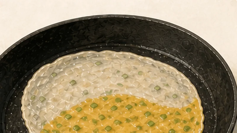 ภาพวาดการปรุงเครปไข่ไต้หวัน ขั้นตอนที่ 3: ทอดไข่ต้นหอม