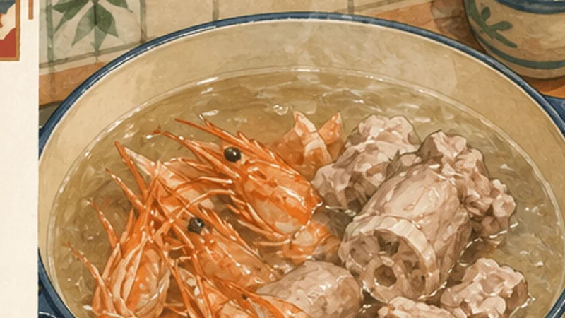 Tainan Danzai Noodles, step 2: Simmer shrimp-pork stock.