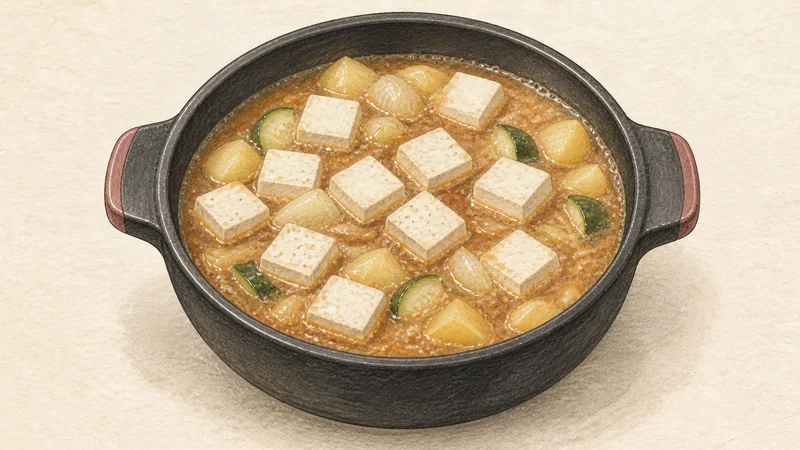 テンジャンチゲの手順5「豆腐を静かに温める」を示す調理イラスト。