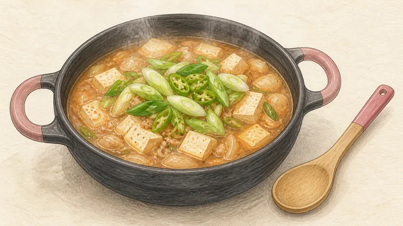 テンジャンチゲの手順6「香味野菜を加える」を示す調理イラスト。