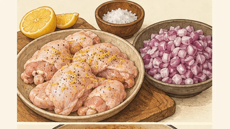 ภาพวาดการปรุงโดโรวัตสตูว์ไก่เอธิโอเปีย ขั้นตอนที่ 1: หมักไก่