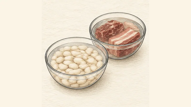 ภาพวาดการปรุงฟาบาดาอัสตูเรียนา ขั้นตอนที่ 1: แช่ถั่วและหมูบ่ม