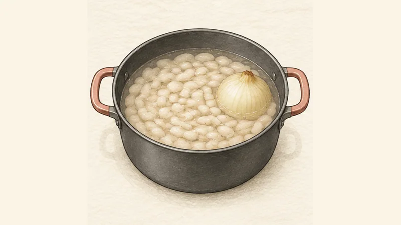 ภาพวาดการปรุงฟาบาดาอัสตูเรียนา ขั้นตอนที่ 2: ค่อย ๆ ต้มถั่วและช้อนฟอง