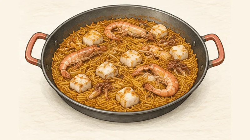フィデウアの手順6「麺を炊きエビを戻す」を示す調理イラスト。