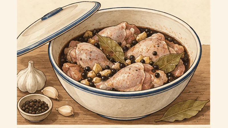 ภาพวาดการปรุงไก่อะโดโบฟิลิปปินส์ ขั้นตอนที่ 1: หมักไก่