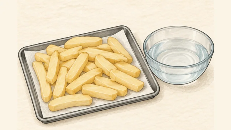 フィッシュ・アンド・チップスの手順1「ポテトを切って水にさらす」を示す調理イラスト。