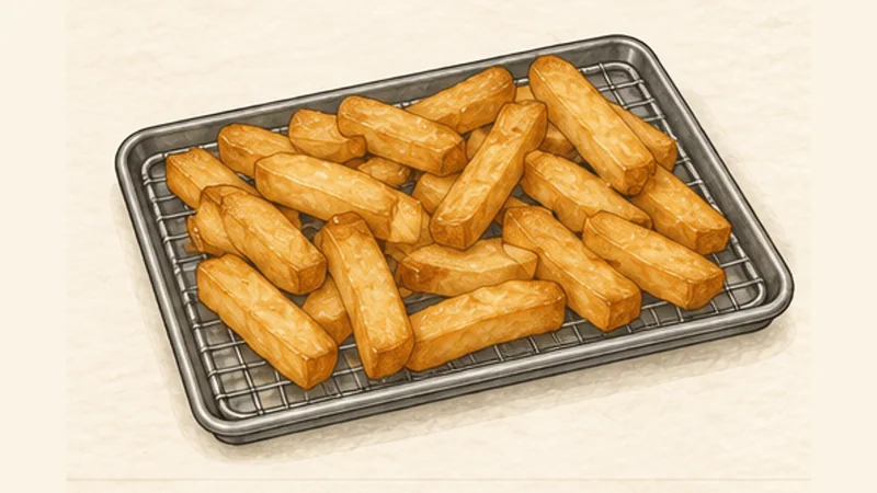 フィッシュ・アンド・チップスの手順6「ポテトを二度目に揚げる」を示す調理イラスト。