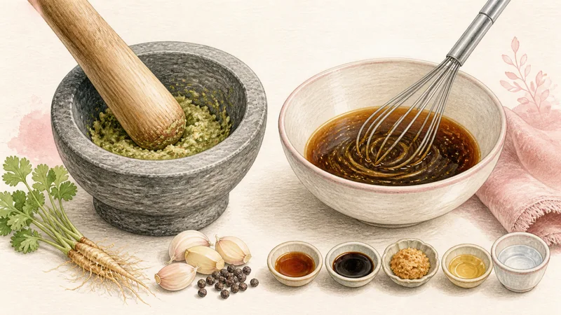 タイ風ガイヤーンの手順2「香味だれを作る」を示す調理イラスト。