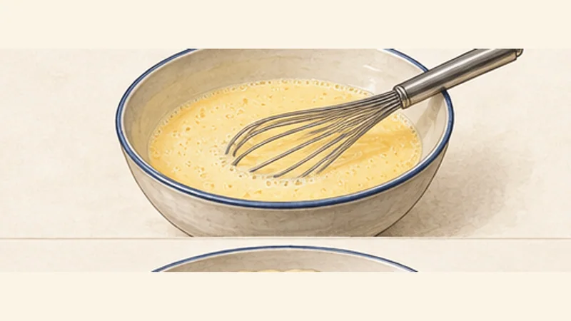 ภาพวาดการปรุงกาลักโตบูเรโก ขั้นตอนที่ 4: ตีไข่กับน้ำตาลส่วนหนึ่ง