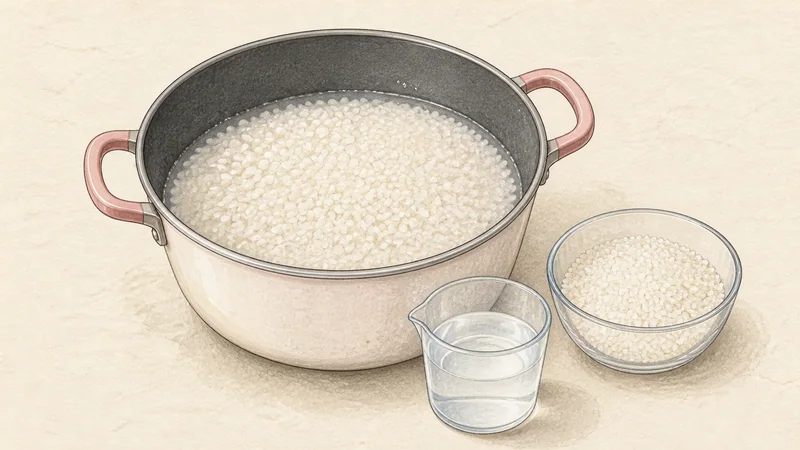 모둠 김밥 1단계 '쌀 씻어 불리기'를 보여 주는 조리 삽화.