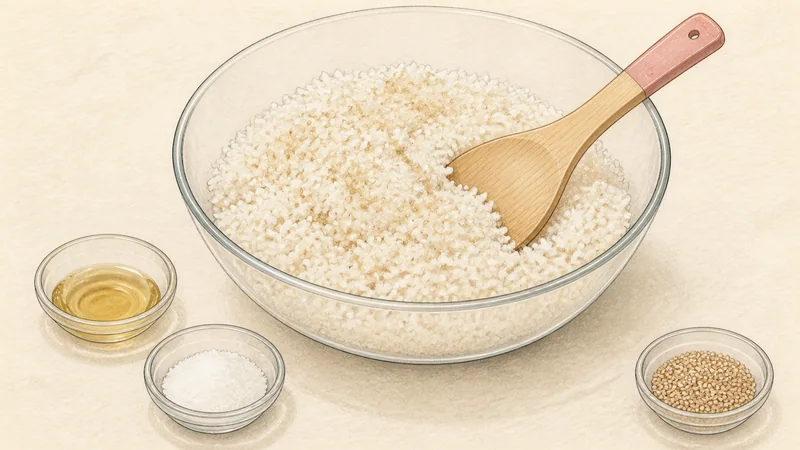 모둠 김밥 3단계 '밥 양념해 식히기'를 보여 주는 조리 삽화.