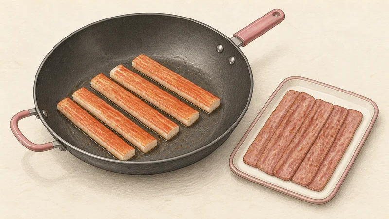 모둠 김밥 6단계 '맛살 데우기'를 보여 주는 조리 삽화.