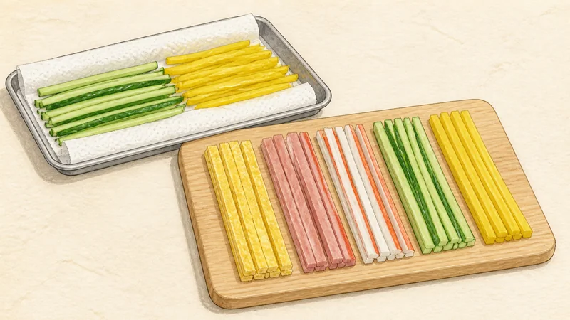 모둠 김밥 8단계 '차가운 속재료 물기 빼기'를 보여 주는 조리 삽화.
