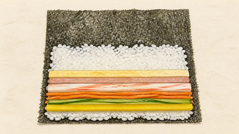 모둠 김밥 10단계 '여섯 속재료 놓기'를 보여 주는 조리 삽화.