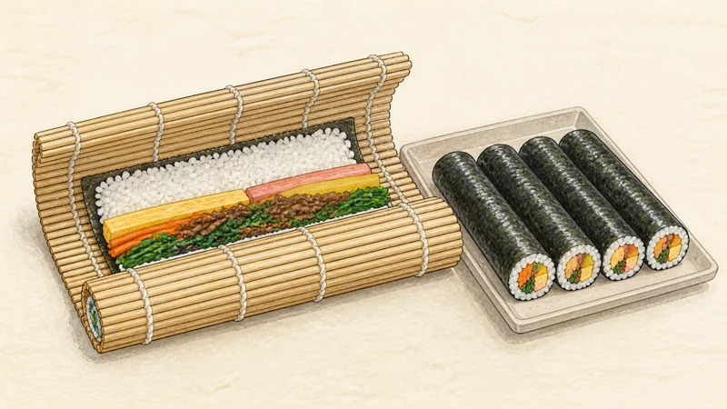 모둠 김밥 11단계 '고르게 눌러 말기'를 보여 주는 조리 삽화.
