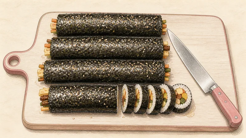 모둠 김밥 12단계 '기름 바르고 썰기'를 보여 주는 조리 삽화.