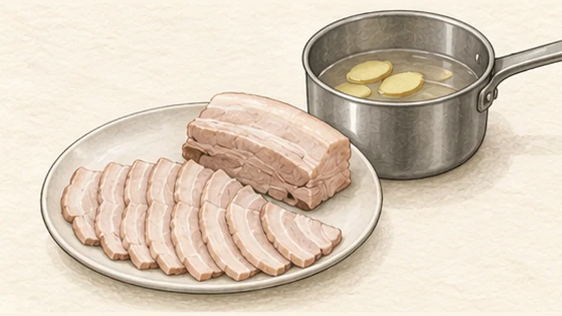 ภาพวาดการปรุงก๋อยก้วน เปาะเปี๊ยะสดกุ้งหมู ขั้นตอนที่ 1: ต้มหมูให้นุ่ม