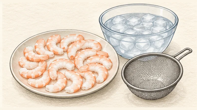 ภาพวาดการปรุงก๋อยก้วน เปาะเปี๊ยะสดกุ้งหมู ขั้นตอนที่ 2: ต้มและผ่ากุ้ง