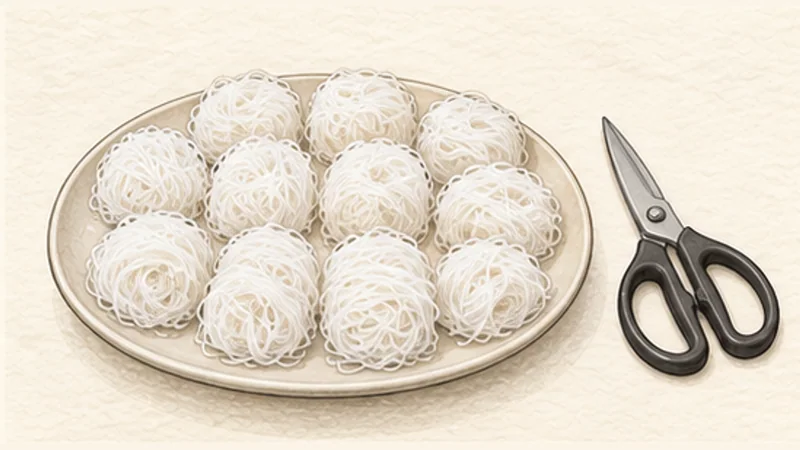 ภาพวาดการปรุงก๋อยก้วน เปาะเปี๊ยะสดกุ้งหมู ขั้นตอนที่ 3: ต้มเส้นและพักเย็น