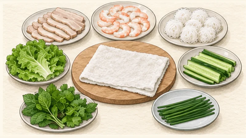 ภาพวาดการปรุงก๋อยก้วน เปาะเปี๊ยะสดกุ้งหมู ขั้นตอนที่ 5: จัดพื้นที่ห่อให้แห้ง