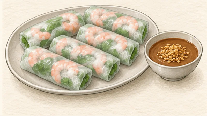 ภาพวาดการปรุงก๋อยก้วน เปาะเปี๊ยะสดกุ้งหมู ขั้นตอนที่ 8: ห่อจนครบและเสิร์ฟสด