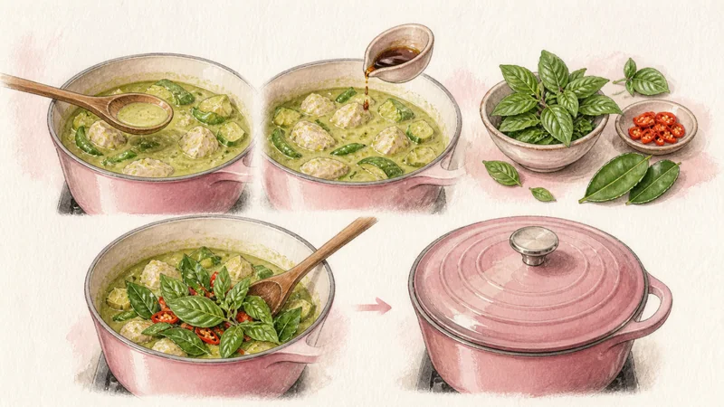 태국식 그린 치킨 커리 7단계 '간 맞추고 바질 넣기'를 보여 주는 조리 삽화.