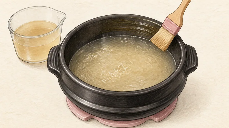ภาพวาดการปรุงคเยรันจิมหม้อดิน ขั้นตอนที่ 2: อุ่นน้ำซุปในหม้อดิน