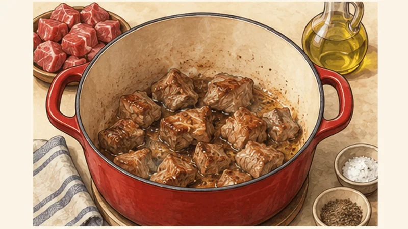ラムとレンズ豆のモロッコ風ハリラの手順1「ラム肉を焼く」を示す調理イラスト。