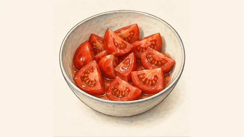 ภาพวาดการปรุงโฮเรียติกี ขั้นตอนที่ 1: หั่นมะเขือเทศเป็นเสี้ยว