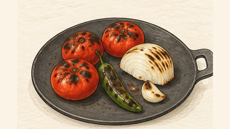 ภาพวาดการปรุงเวโวสรันเชโรส ขั้นตอนที่ 1: ย่างผักซัลซา